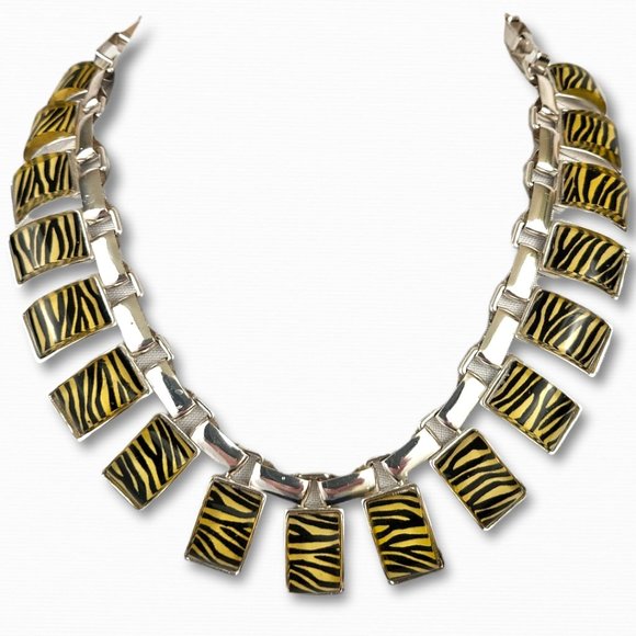 80’s Style Statement Black Stripe Silver tone and Zebra Necklace - Picture 3 of 13